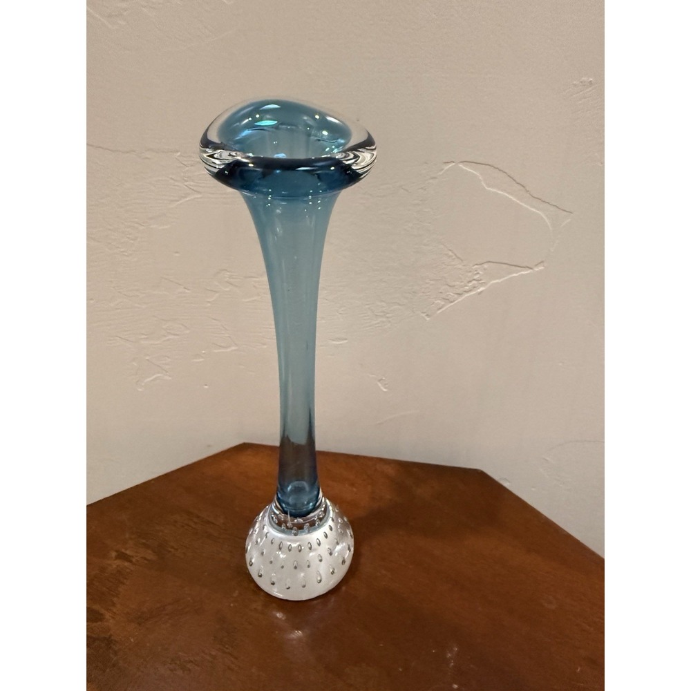 VTG Swedish Art Glass Bo Borgstrom Aseda Calla Blue Bone Bubbles Vase 9"